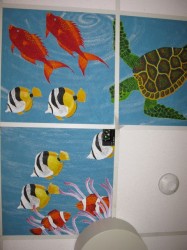 The view from the table: Ceiling tiles painted by one of the radiation technologists